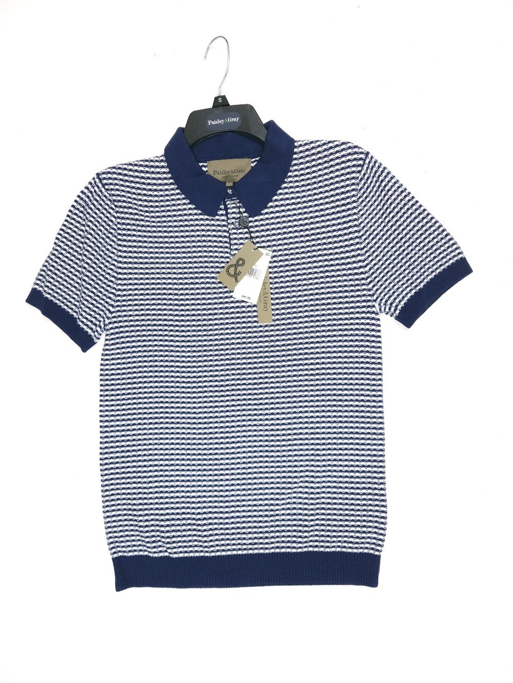 Paisley & Gray Men's Textured Knit Polo Shirt Striped Cotton Navy White S NWT